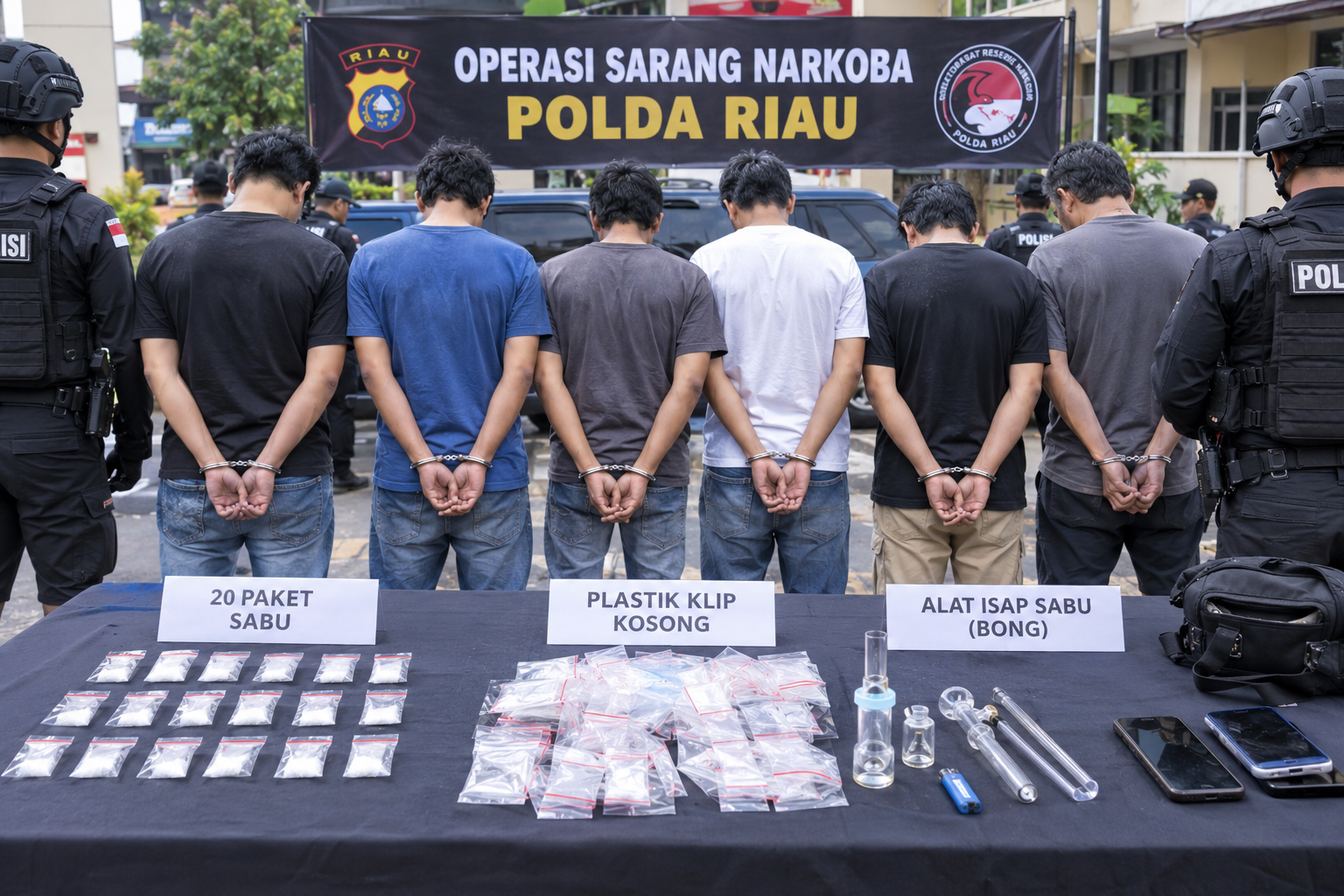 Enam Pria Diamankan dalam Operasi Sarang Narkoba di Pekanbaru, 20 Paket Diduga Sabu Disita